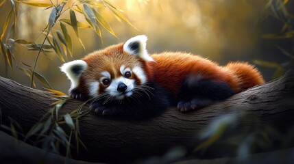 Fototapeta premium Adorable Red Panda Resting on a Branch in a Lush Forest