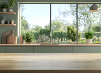Fototapeta premium Elegant kitchen interior showcasing a bright, window with a view of a lush garden, blending indoor comfort with natural beauty and serene environment
