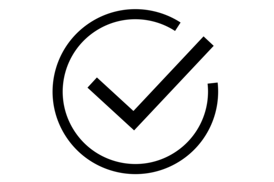 black check mark icon in semi circle on transparent background for websites, apps logo web, UI design.
