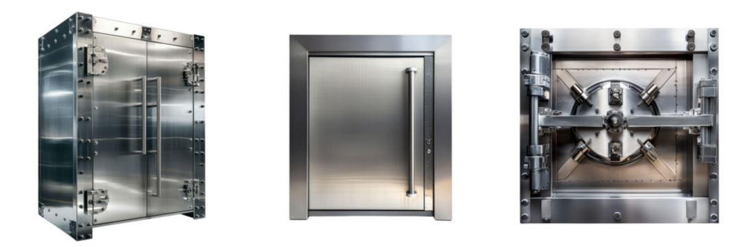 A Set of High-Security Modern Banks with Steel Vaults Isolated on Transparent Background