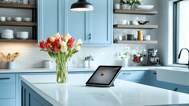 Elegant kitchen interior with a digital tablet and a vibrant bouquet of tulips adding a touch of spring, blending technology with natural beauty in a modern home