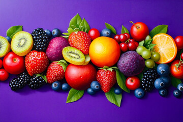Obraz premium A bunch of fresh fruits on a purple background