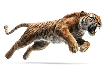 Obraz premium Leaping Saber toothed Tiger Against Clean White Background with Powerful Muscles and Shadows
