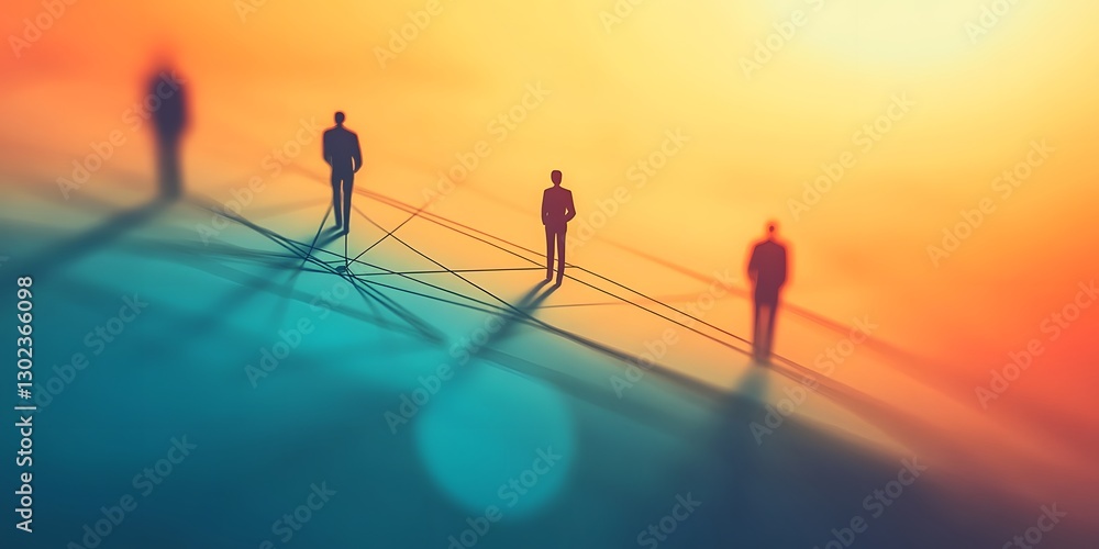 Poster minimalist silhouette figures connected by glowing network lines in abstract digital design