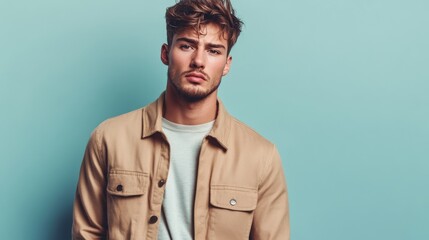 Obraz premium Young Man Wearing a Tan Jacket Against a Blue Background