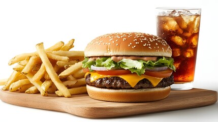 Mouthwatering Cheeseburger Meal with Fries and Refreshing Soda on Wooden Serving Board