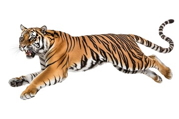 Fototapeta premium Powerful Tiger Leaping Against Clean White Background with Rich Details