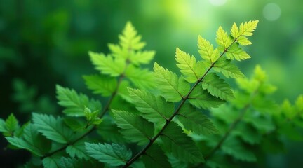 Lush Green Foliage Branch with Vibrant, Detailed Leaves in a Natural Setting