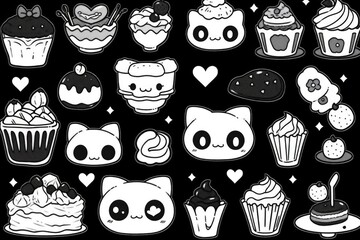 Cute Cartoon Desserts and Sweets in Black and White Style