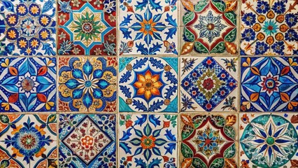 Colorful vintage Turkish ceramic tiles in a geometric pattern adorning a wall as a decorative accent adding an exotic touch to any room , turkey, wall decoration