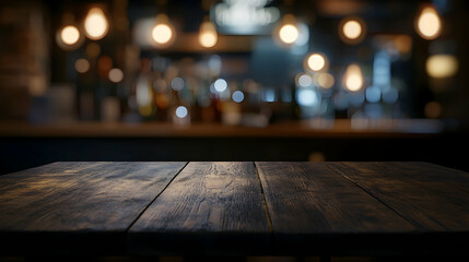 Elegant wooden table surface with a blurry bokeh background of warm lights in a stylish bar setting, perfect for showcasing products or crafting captivating visuals