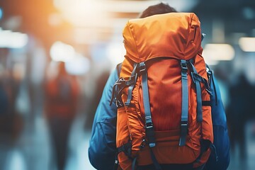 A low-angle shot of a traveler carrying a backpack, with the terminal space fading into a soft blur, highlighting their readiness for adventure. 