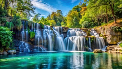 Obraz premium Waterfall Cascading into Lake, natural beauty, peaceful atmosphere