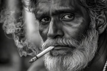 Obraz premium Dramatic Cinematic Portrait of a Person Smoking a Cigarette with Swirling Smoke Around Their Face in a Captivating Black and White Shot
