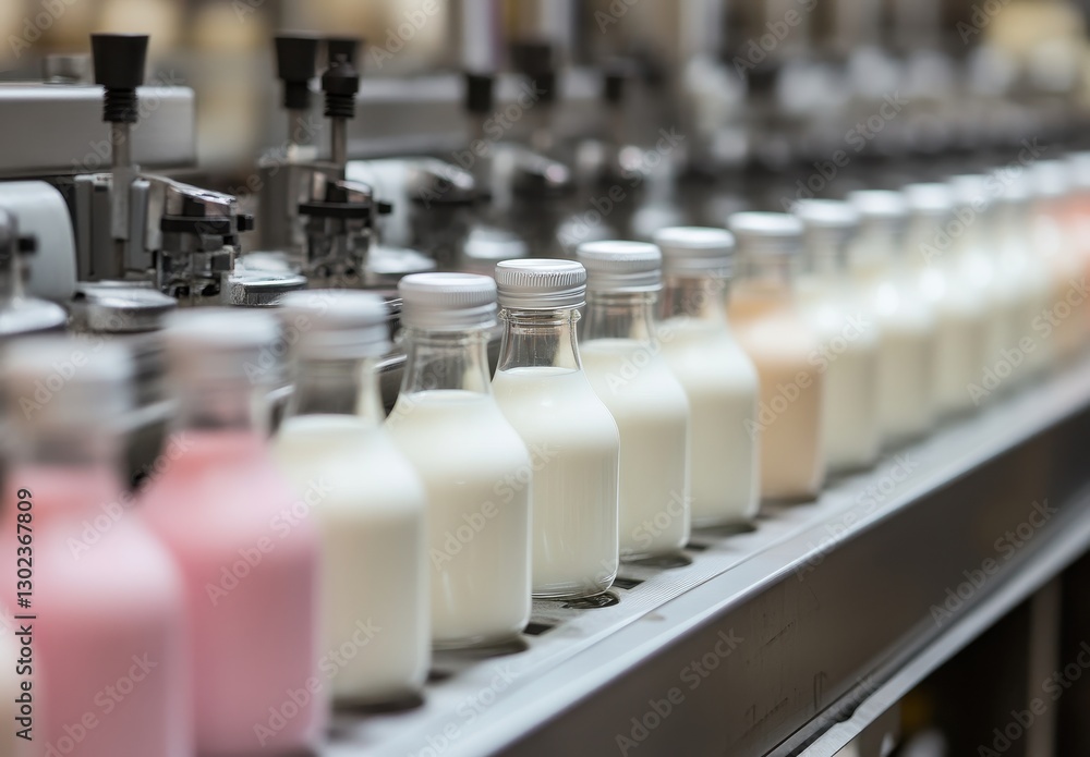 Poster bottles of milk and yogurt on a production line in a modern dairy factory with different colors and 