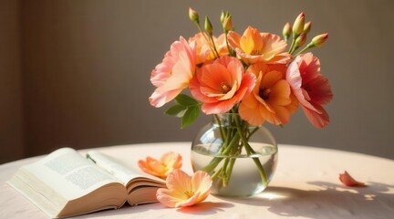 A gentle bouquet of peach-colored blossoms in a clear glass vase, accompanied by an open book resting on a soft surface, bathed in sunlight.