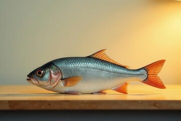 Obraz premium A single, meticulously detailed fish model rests on a light wood surface, bathed in warm, ambient light, showcasing its vibrant scales and intricate fins.
