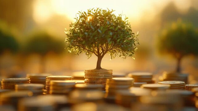Small trees on Stacked of coin money in morning. concept in grow and walk step by step for success in business