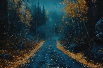 Obraz premium Serene Autumn Pathway Through Misty Forest Scene at Dusk