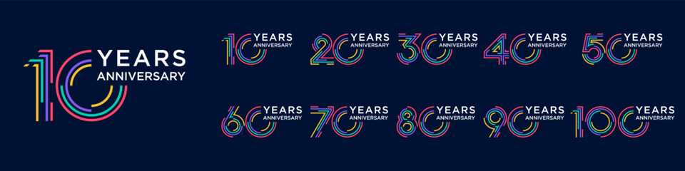 collection anniversary 10 to 100 year logo designs. abstract number for celebration event, wedding, greeting card, and invitation, vector illustration