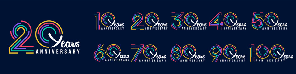 collection anniversary 10 to 100 year logo designs. abstract number for celebration event, wedding, greeting card, and invitation, vector illustration