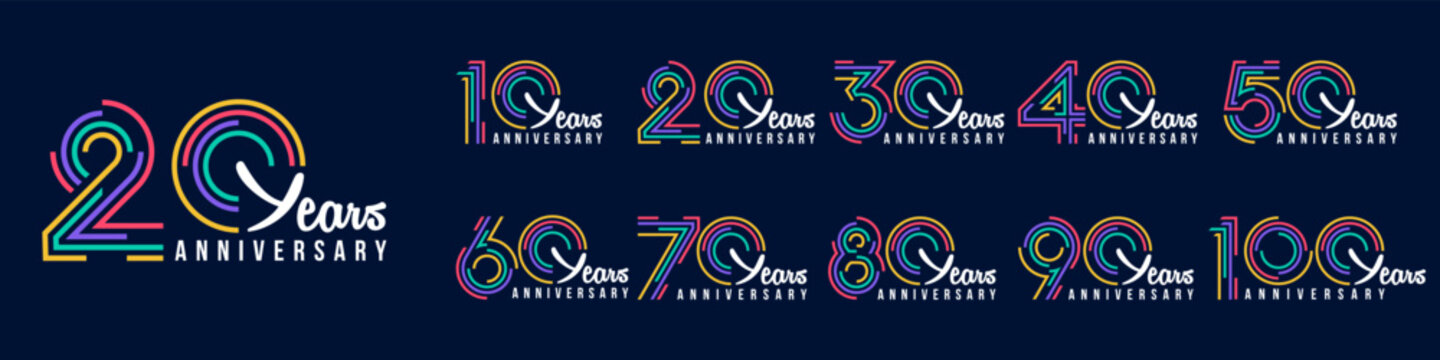 collection anniversary 10 to 100 year logo designs. abstract number for celebration event, wedding, greeting card, and invitation, vector illustration