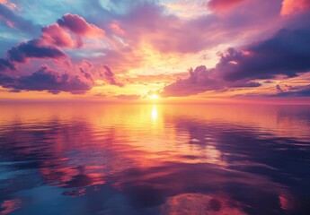 Fototapeta premium Breathtaking Sunset Over Calm Ocean Waters with Vibrant Clouds Reflecting Stunning Colors in a Peaceful Evening Sky
