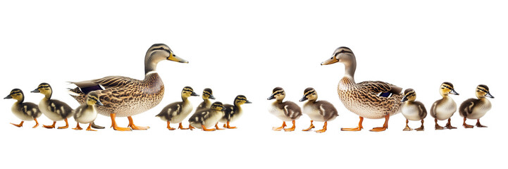 Obraz premium Set of ducks and ducklings walking in a line, isolated on a transparent background.