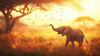 Naklejka premium Baby Elephant Playing Under the Golden Sunset in African Savanna