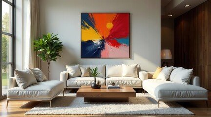 Modern Sectional Sofa Arrangement with Abstract Artwork and Natural Light in a Stylish Living Room