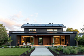 A Modern Sustainable house with sleek solar panels integrated into a flat roof, framed by minimalist landscaping.