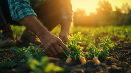 Fototapeta premium Agricultor recolectando zanahorias