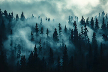 Ethereal Forest, Moody landscape with misty conifers and diffused light