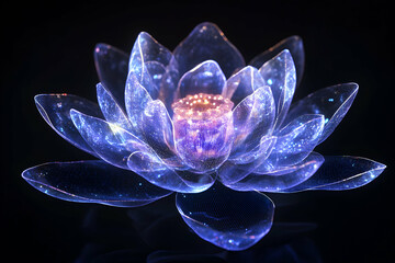 Ethereal Glow, Capturing the luminous beauty of a crystalline lotus flower with delicate petals illuminated against a dark backdrop, digital rendering