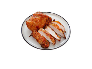 Grilled chicken breast sliced ​​on white plate, die cut transparent background