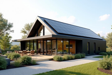 A Modern Sustainable house with sleek solar panels integrated into a flat roof, framed by minimalist landscaping.