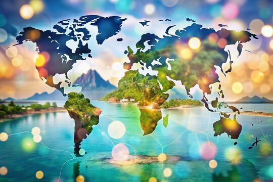 Bora Bora Island Map: Freehand Dash Line Doodle with Bokeh Background
