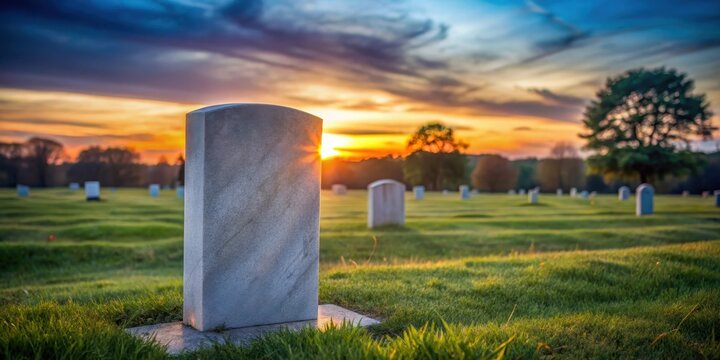 A solitary headstone stands atop a freshly dug grave in a serene cemetery at dusk , stillness, solitude,  stillness, solitude