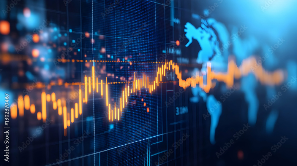 Poster financial data visualization, a dynamic display of stock market trends and global economic activity 