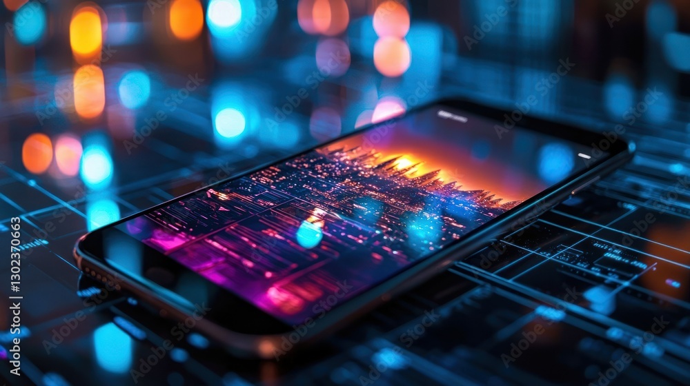 Poster a smartphone displaying augmented reality features, blending real-world and digital elements.