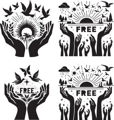 Create a hand  icon set vector art silhouette with white background.