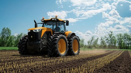 Fototapeta premium A smart tractor planting seeds in a perfectly aligned field using advanced technology