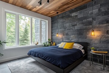 Modern bedroom with stone wall, wood ceiling, and large window.