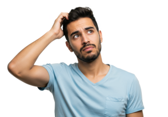 A young man scratching the back of his head with his right hand while looking slightly upward with a puzzled or confused expression