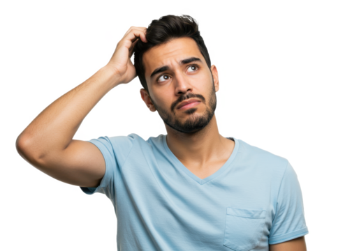 A young man scratching the back of his head with his right hand while looking slightly upward with a puzzled or confused expression