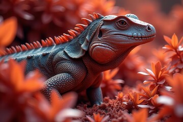 Fototapeta premium A reptilian creature with spiny dorsal ridge, dark gray scales, and reddish accents, sits amidst a vibrant field of orange foliage.