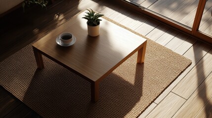 A minimalist, top-down view of a small, square wooden table with a white cup and a potted plant on a woven rug, bathed in soft sunlight from a nearby window