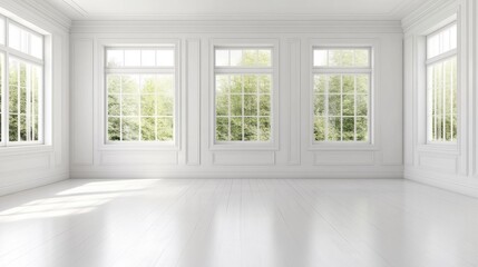 Fototapeta premium A bright, empty room with white walls, three central windows revealing a lush green outdoor scene, and two side windows, all reflecting light on the polished white floor
