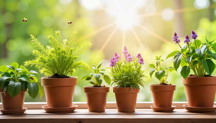 Fototapeta premium Vibrant herbs growing on urban balcony in warm sunlight, spring gardening