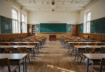 Empty high school classroom with vintage wooden chairs and desks. Classic academic atmosphere, back-to-school concept, and a focus on education and learning.